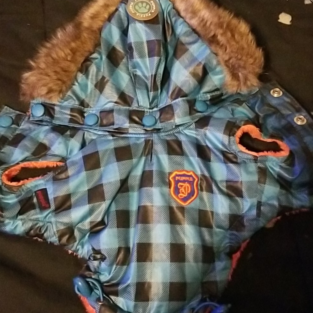 Furry hood fleece lined winter coat for dog